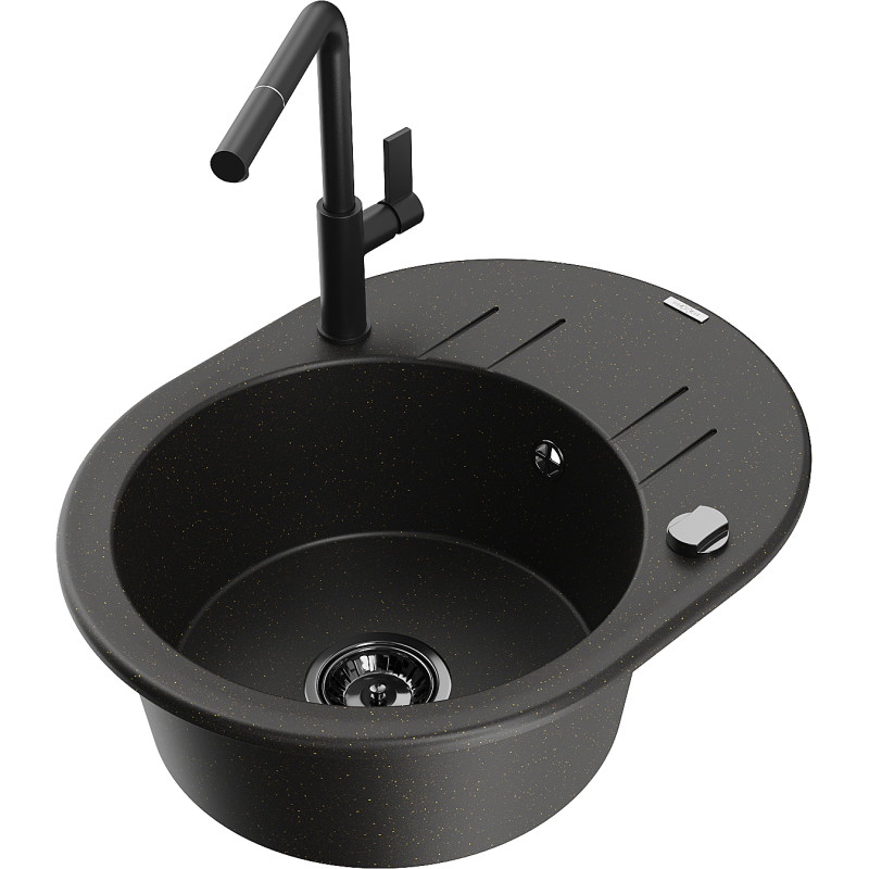 Mexen Kevin lavello in granito a una vasca con scolapiatti e miscelatore Flora, nero/oro metallizzato - 6517-75-670401-70-B