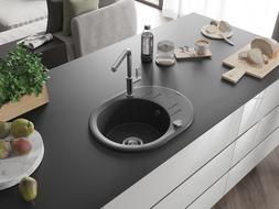 Mexen Kevin granite 1-bowl sink with drainer and Flora kitchen tap, black speckled - 6517-76-670401-00
