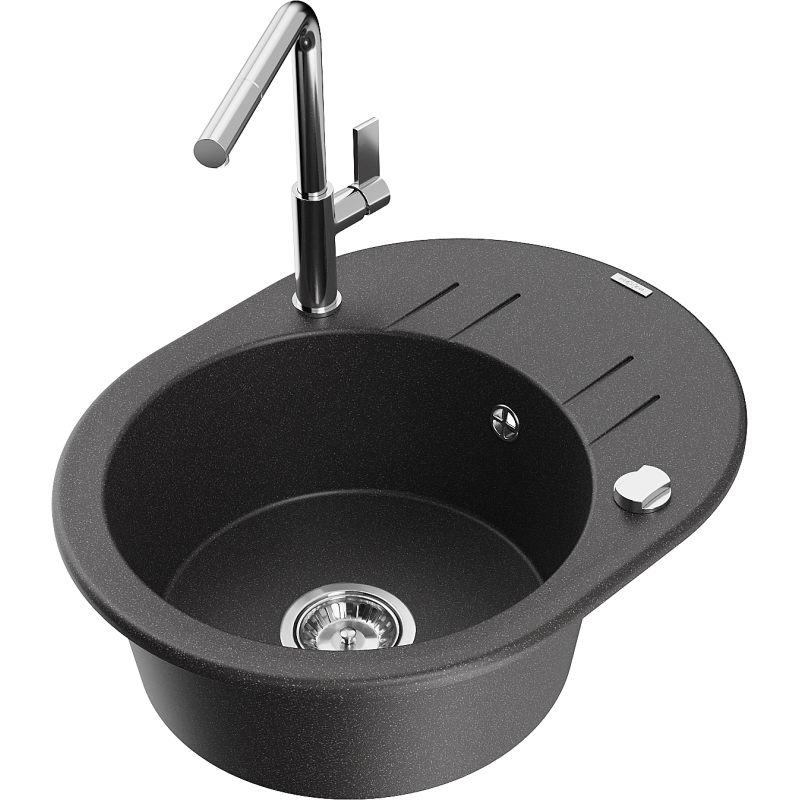 Mexen Kevin fregadero de granito de 1 seno con escurridor y grifo de cocina Flora, negro moteado - 6517-76-670401-00