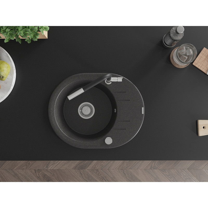 Mexen Kevin fregadero de granito de 1 cubeta con escurridor y grifo de cocina Flora, negro moteado - 6517-76-670401-07