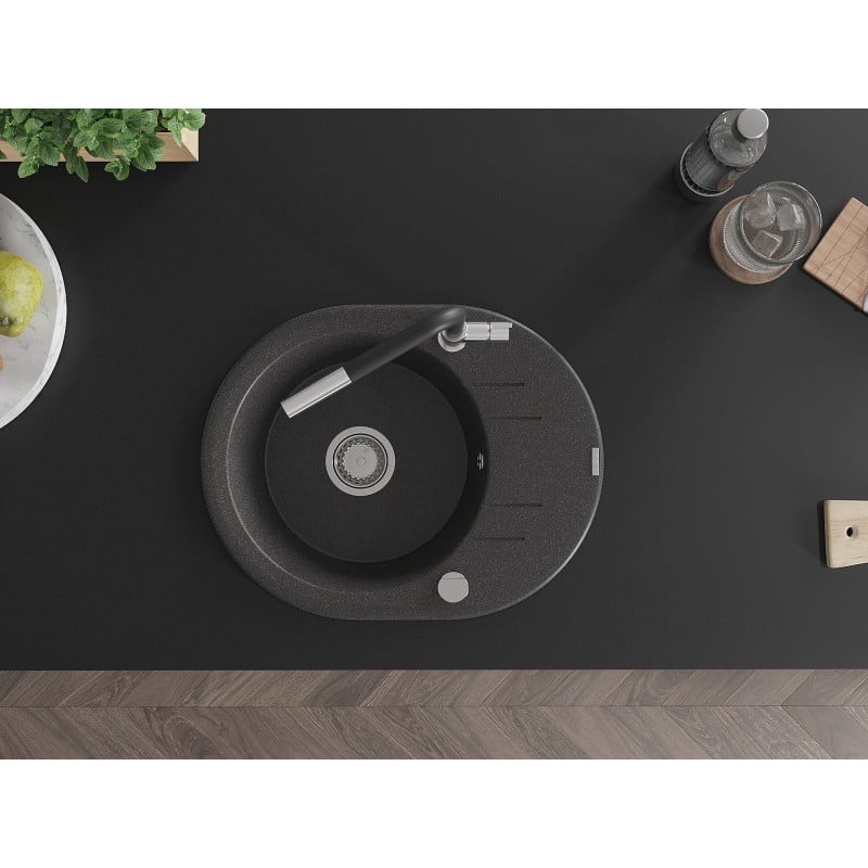 Mexen Kevin lava-loiça de granito de uma cuba com escorredor e torneira de cozinha Flora, preto salpicado - 6517-76-670401-07