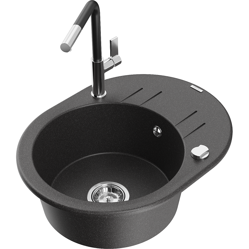 Mexen Kevin évier en granit 1 bac avec égouttoir et robinet de cuisine Flora, noir moucheté - 6517-76-670401-07