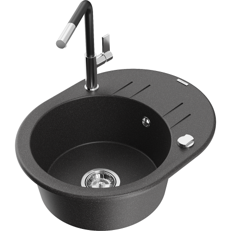 Mexen Kevin évier en granit 1 bac avec égouttoir et robinet de cuisine Flora, noir moucheté - 6517-76-670401-07