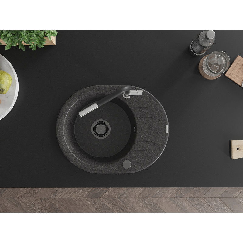 Mexen Kevin lavello da cucina in granito con 1 vasca, sgocciolatoio e rubinetto Flora, nero maculato - 6517-76-670401-07-B