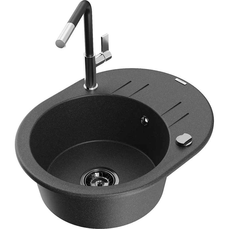 Mexen Kevin fregadero de granito de 1 cubeta con escurridor y grifo de cocina Flora, negro jaspeado - 6517-76-670401-07-B