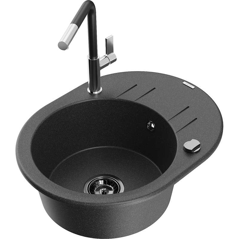 Mexen Kevin granite sink with 1 bowl, drainer, and Flora kitchen tap, speckled black - 6517-76-670401-07-B