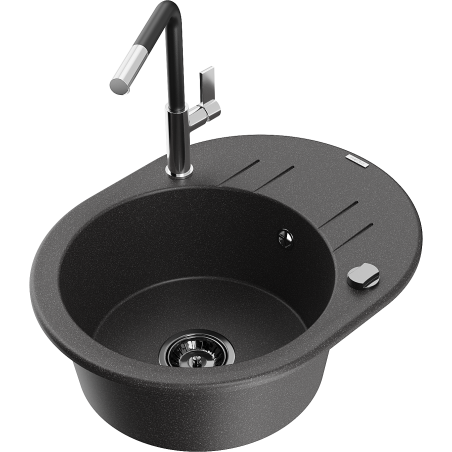 Mexen Kevin évier en granit 1 bac avec égouttoir et robinet de cuisine Flora, noir moucheté - 6517-76-670401-07-B