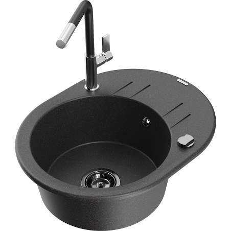 Mexen Kevin fregadero de granito de un seno con escurridor y grifo de cocina Flora, negro moteado - 6517-76-670401-07-B