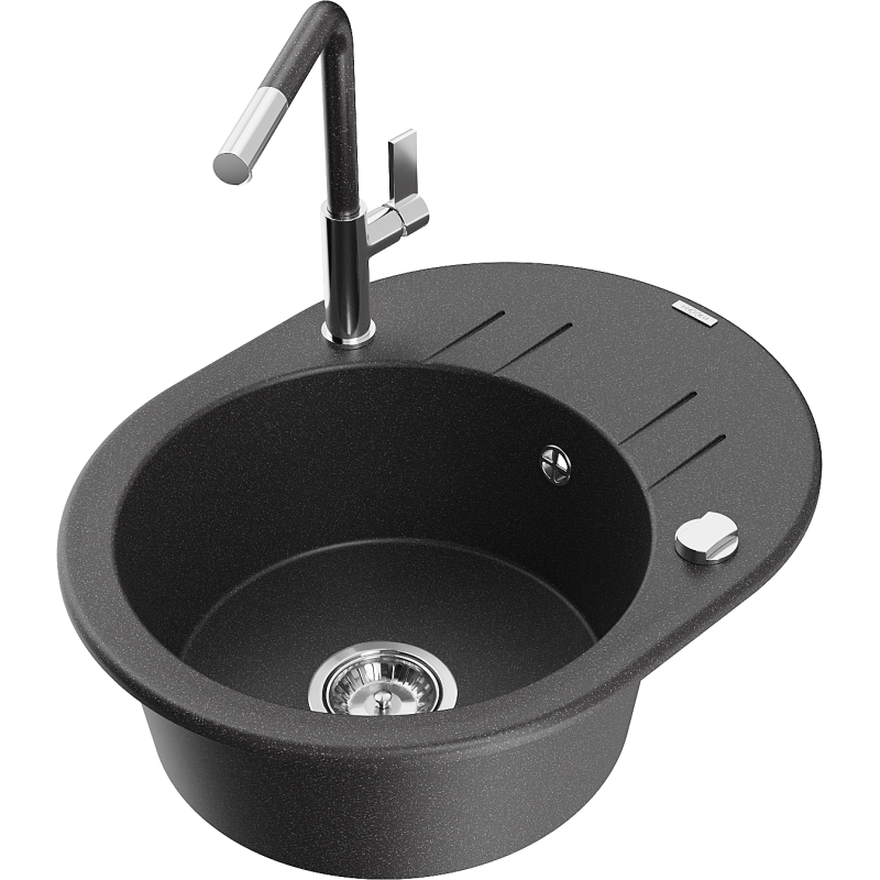 Mexen Kevin fregadero de granito de 1 cubeta con escurridor y grifo de cocina Flora, negro moteado - 6517-76-670401-08