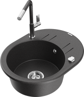 Mexen Kevin granite sink 1-bowl with drainer and Flora kitchen tap, speckled black - 6517-76-670401-08