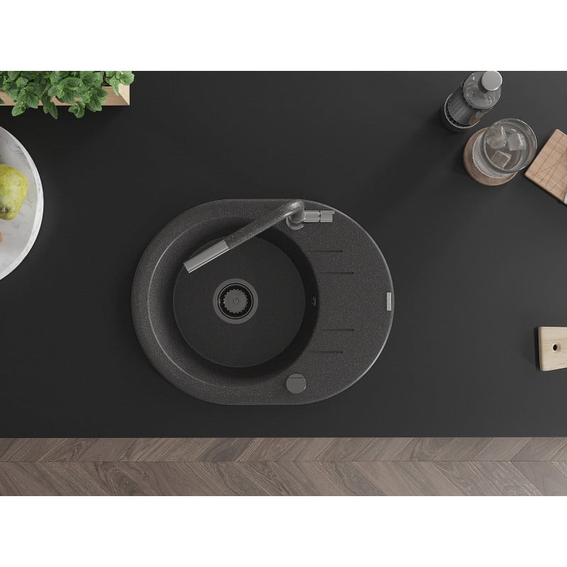 Mexen Kevin fregadero de granito de 1 seno con escurridor y grifo de cocina Flora, negro moteado - 6517-76-670401-08-B