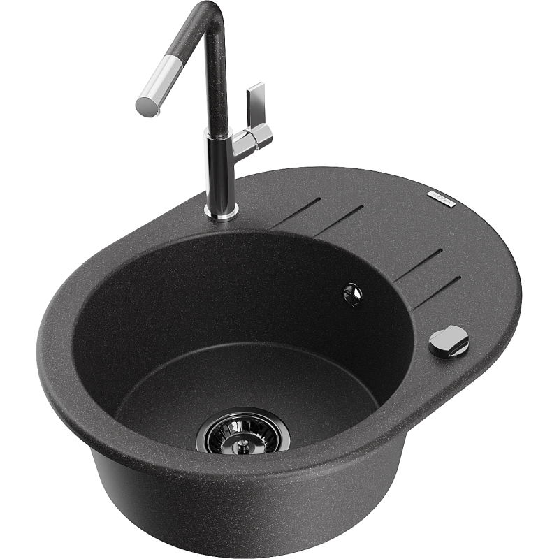 Mexen Kevin fregadero de granito de 1 seno con escurridor y grifo de cocina Flora, negro moteado - 6517-76-670401-08-B