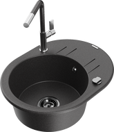 Mexen Kevin single-bowl granite sink with drainer and Flora kitchen tap, speckled black - 6517-76-670401-08-B