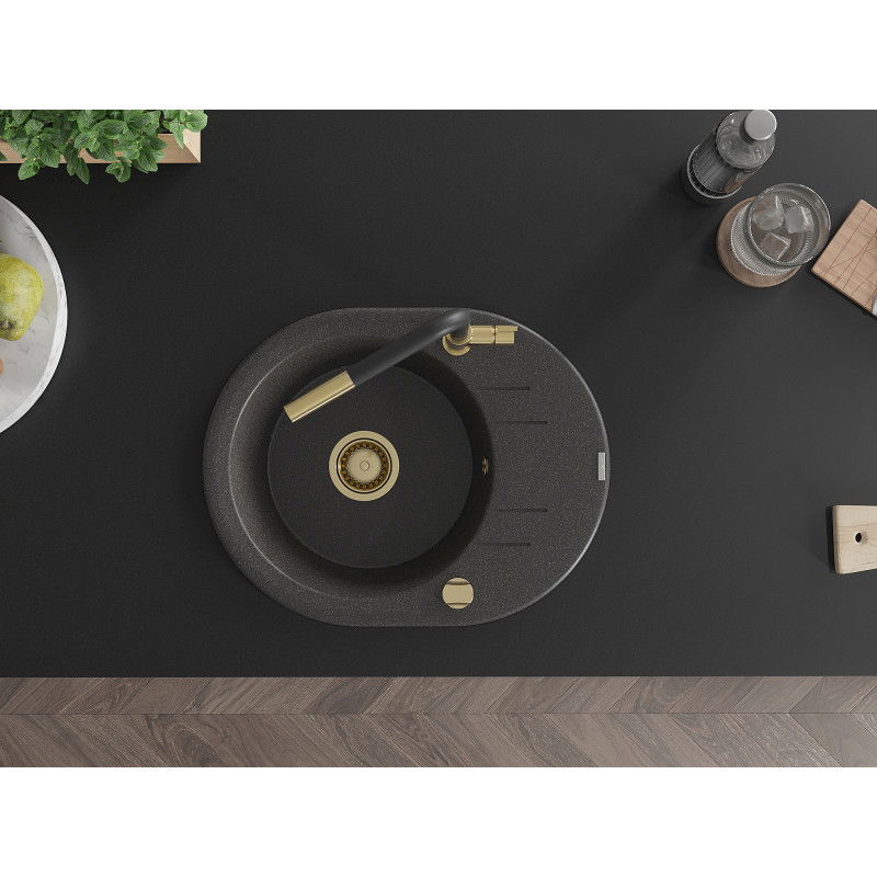 Mexen Kevin granite sink 1-bowl with drainer and Flora kitchen tap, black spotted - 6517-76-670401-57-G