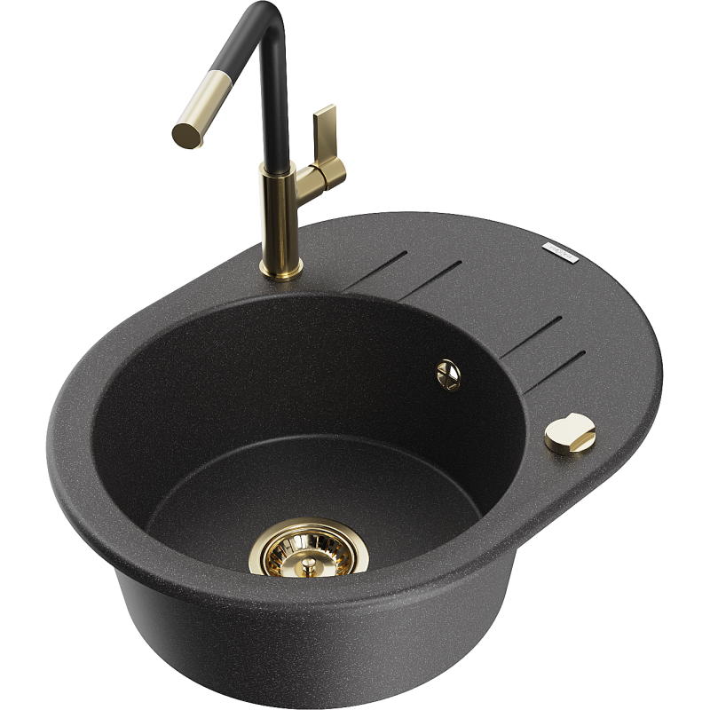 Mexen Kevin granite sink 1-bowl with drainer and Flora kitchen tap, black spotted - 6517-76-670401-57-G