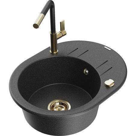 Mexen Kevin granite single-bowl sink with drainer and Flora kitchen faucet, speckled black - 6517-76-670401-57-G