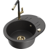 Mexen Kevin granite single-bowl sink with drainer and Flora kitchen faucet, speckled black - 6517-76-670401-57-G