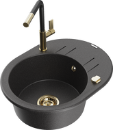 Mexen Kevin granite sink 1-bowl with drainer and Flora kitchen tap, black spotted - 6517-76-670401-57-G