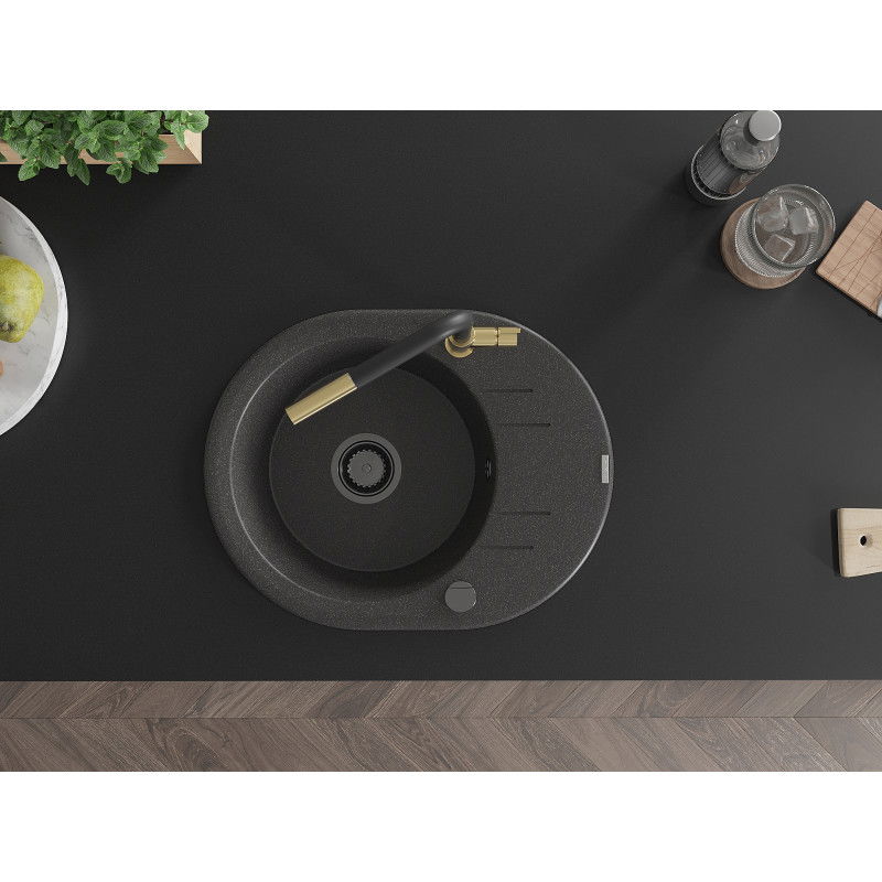 Mexen Kevin fregadero de granito 1-cuenco con escurridor y grifo de cocina Flora, negro moteado - 6517-76-670401-57-B