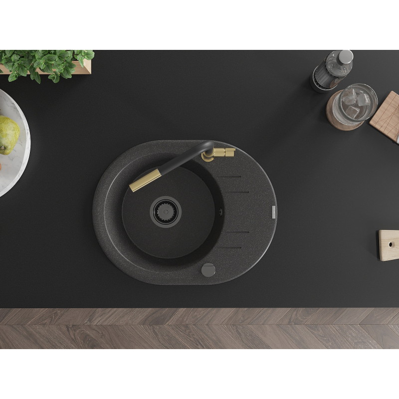 Mexen Kevin fregadero de granito de 1 cubeta con escurridor y grifo de cocina Flora, negro moteado - 6517-76-670401-57-B