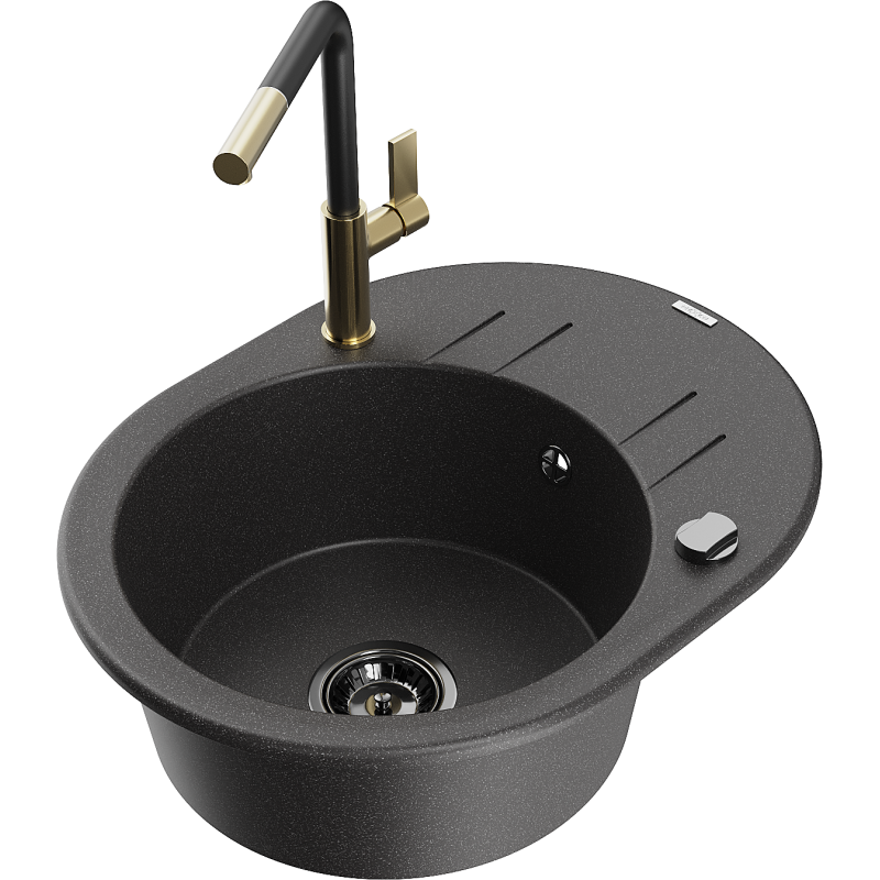 Mexen Kevin 1-bowl granite sink with drainer and Flora kitchen tap, speckled black - 6517-76-670401-57-B