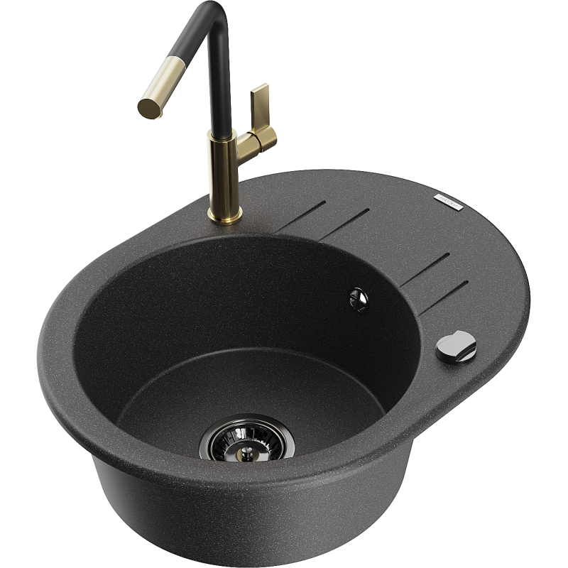 Mexen Kevin fregadero de granito 1-cuenco con escurridor y grifo de cocina Flora, negro moteado - 6517-76-670401-57-B