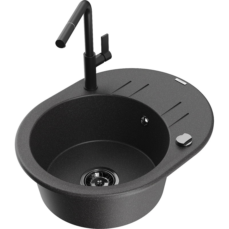 Mexen Kevin zlewozmywak granitowy 1-komorowy z ociekaczem i baterią kuchenną Flora, czarny nakrapiany - 6517-76-670401-70-B