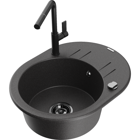 Mexen Kevin 1-bowl granite sink with drainer and Flora kitchen tap, black speckled - 6517-76-670401-70-B