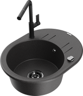 Mexen Kevin 1-bowl granite sink with drainer and Flora kitchen tap, black speckled - 6517-76-670401-70-B