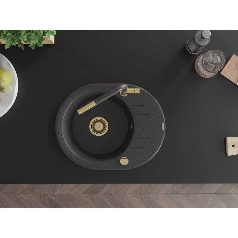Mexen Kevin fregadero de granito de 1 seno con escurridor y grifo de cocina Flora, negro moteado - 6517-76-670401-75-G