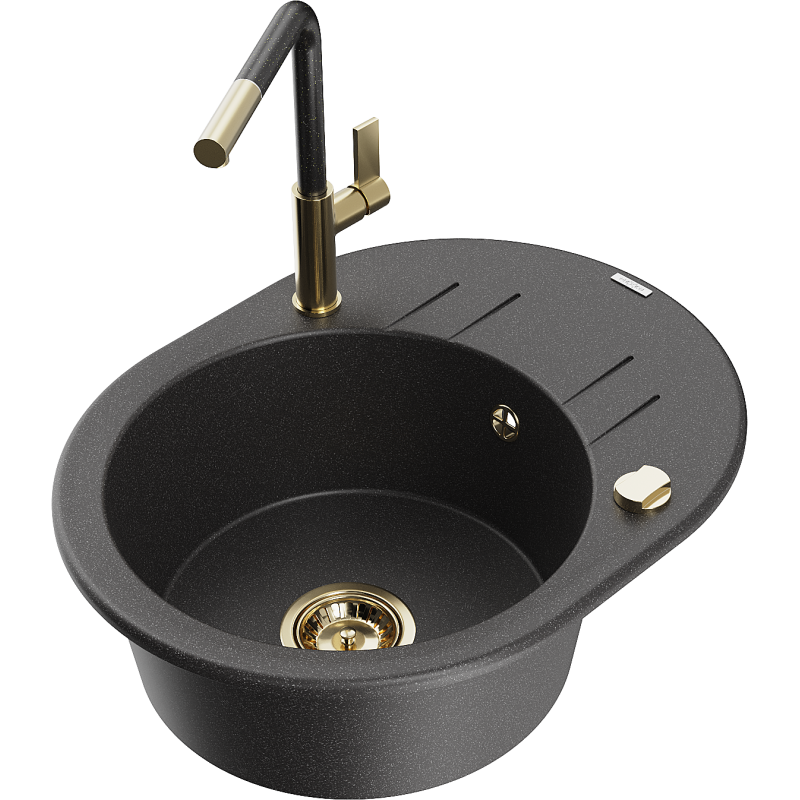 Mexen Kevin fregadero de granito de 1 seno con escurridor y grifo de cocina Flora, negro moteado - 6517-76-670401-75-G
