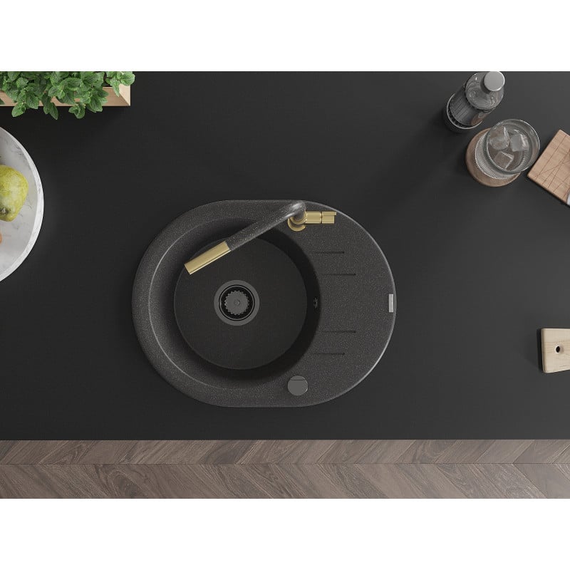 Mexen Kevin 1-bowl granite sink with drainer and Flora kitchen tap, black speckled - 6517-76-670401-75-B