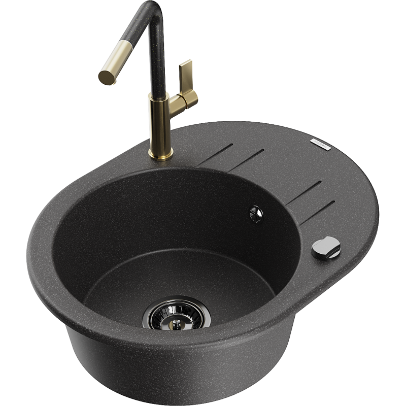 Mexen Kevin fregadero de granito de 1 recipiente con escurridor y grifo de cocina Flora, negro moteado - 6517-76-670401-75-B
