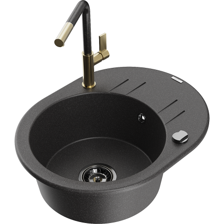 Mexen Kevin lavello in granito 1-vasca con gocciolatoio e rubinetto da cucina Flora, nero maculato - 6517-76-670401-75-B