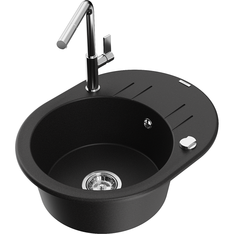 Mexen Kevin fregadero de granito 1-cubeta con escurridor y grifo de cocina Flora, negro - 6517-77-670401-00