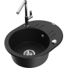Mexen Kevin granite kitchen sink 1-bowl with drainer and Flora kitchen faucet, black - 6517-77-670401-00