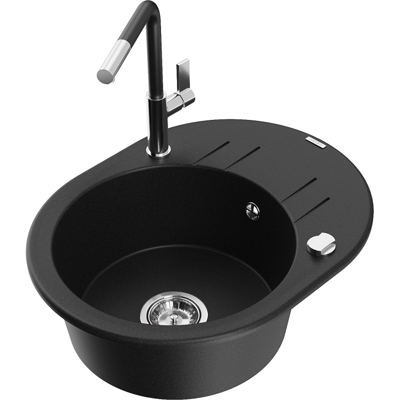 Mexen Kevin fregadero de granito de 1 seno con escurridor y grifo de cocina Flora, negro - 6517-77-670401-07