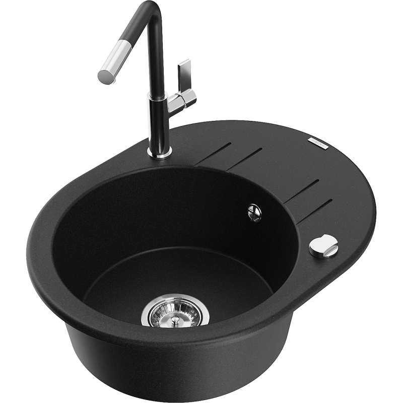 Mexen Kevin lava-loiça de granito de 1 bacia com escorredor e torneira de cozinha Flora, preto - 6517-77-670401-07