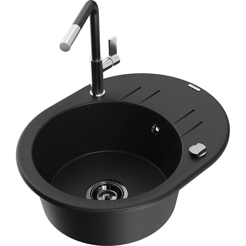 Mexen Kevin fregadero de granito de 1 seno con escurridor y grifo de cocina Flora, negro - 6517-77-670401-07-B