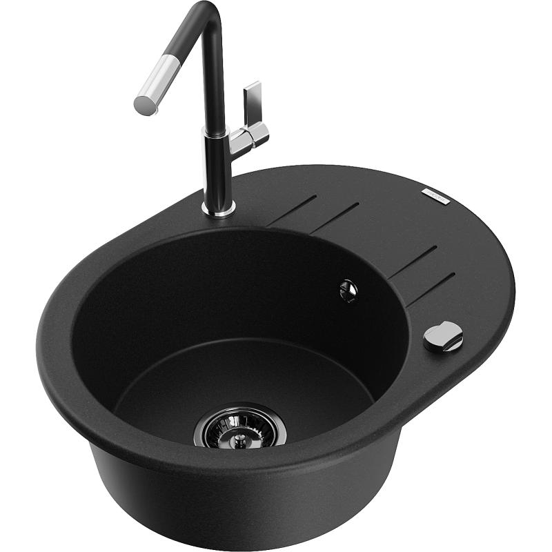 Mexen Kevin fregadero de granito de 1 tazón con escurridor y grifo Flora, negro - 6517-77-670401-07-B