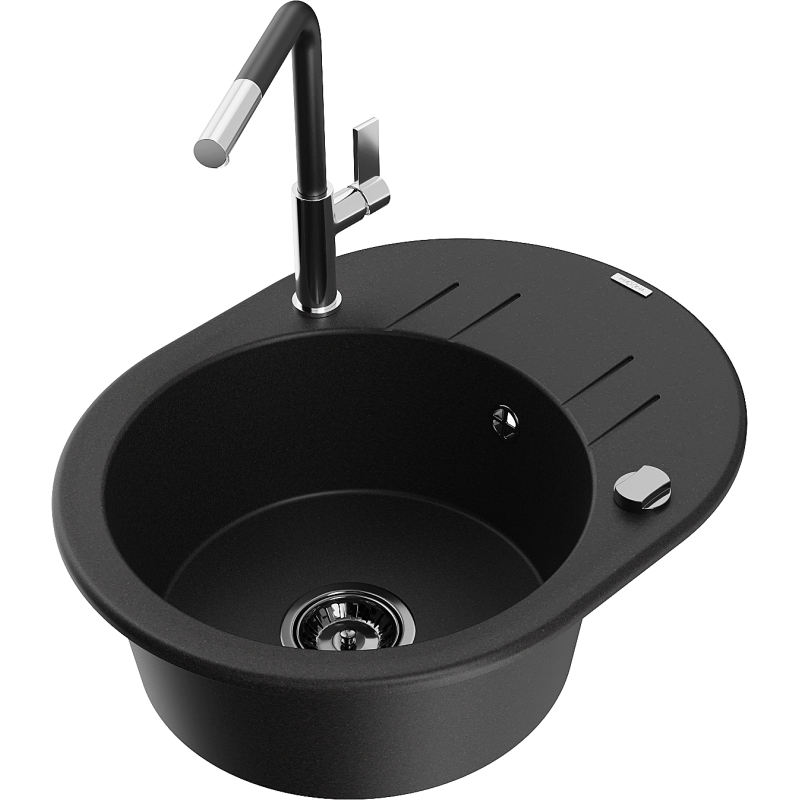 Mexen Kevin granite sink 1-bowl with drainer and Flora kitchen tap, black - 6517-77-670401-07-B