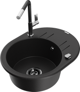 Mexen Kevin granite sink single-bowl with drainer and Flora kitchen faucet, black - 6517-77-670401-07-B