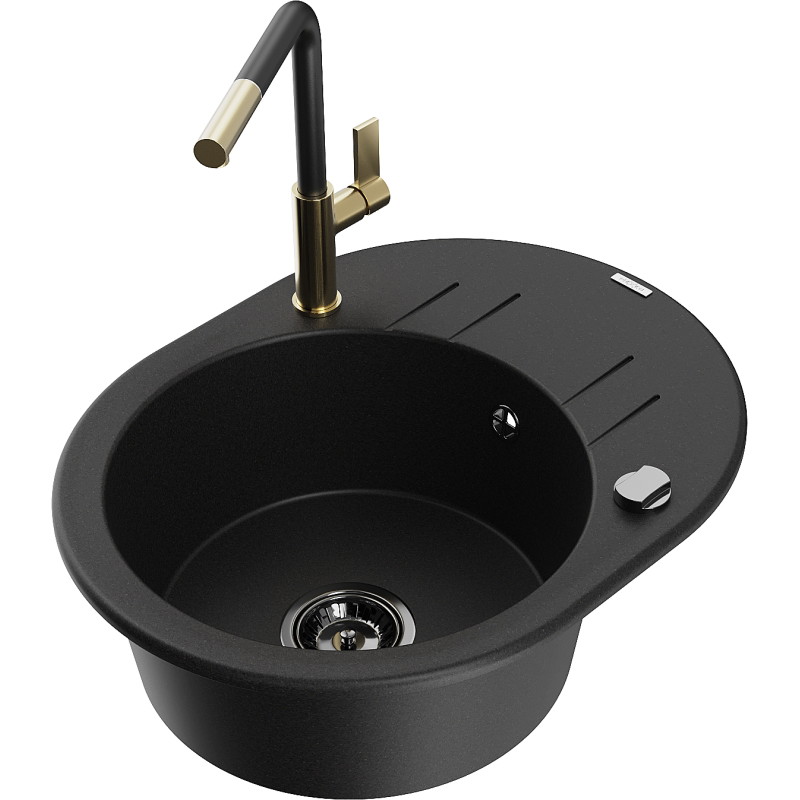 Mexen Kevin fregadero de cocina de granito con 1 seno y escurridor con grifo Flora, negro - 6517-77-670401-57-B