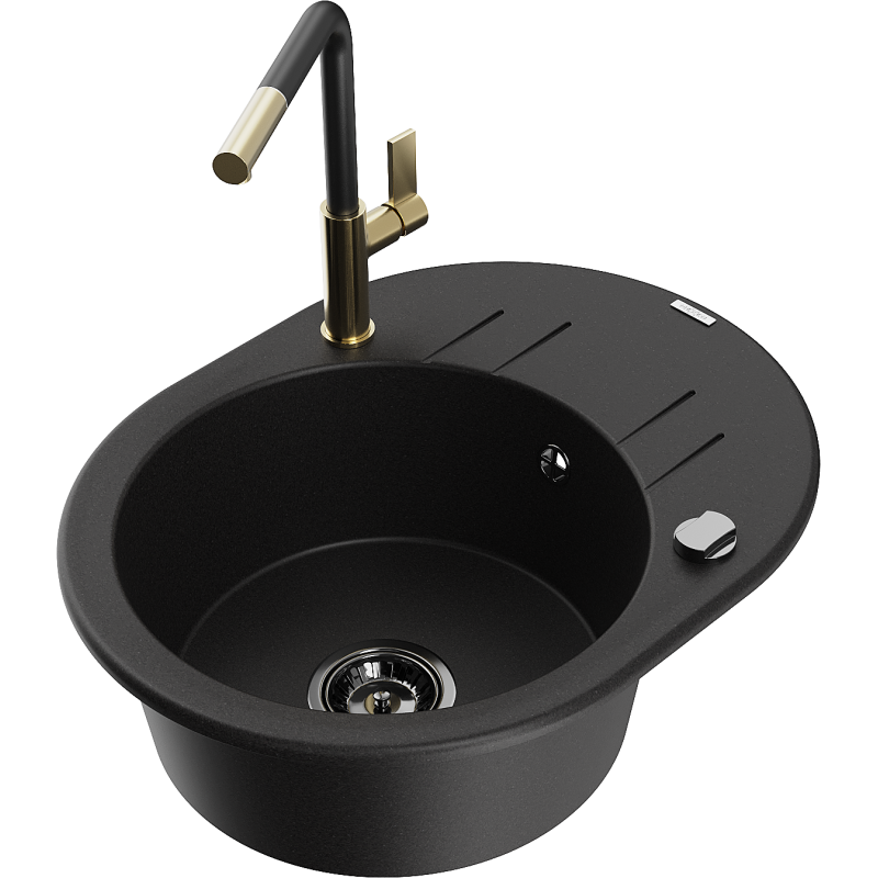 Mexen Kevin granite sink 1-bowl with drainer and Flora kitchen tap, black - 6517-77-670401-57-B