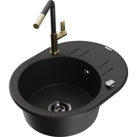 Mexen Kevin granite sink 1-bowl with drainer and Flora kitchen tap, black - 6517-77-670401-57-B