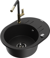 Mexen Kevin 1-bowl Granite Sink with Drainer and Flora Kitchen Faucet, Black - 6517-77-670401-57-B