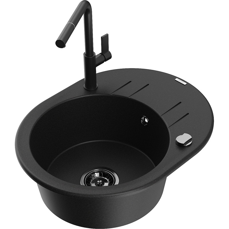 Mexen Kevin fregadero de cocina de granito de 1 seno con escurridor y grifo de cocina Flora, negro - 6517-77-670401-70-B