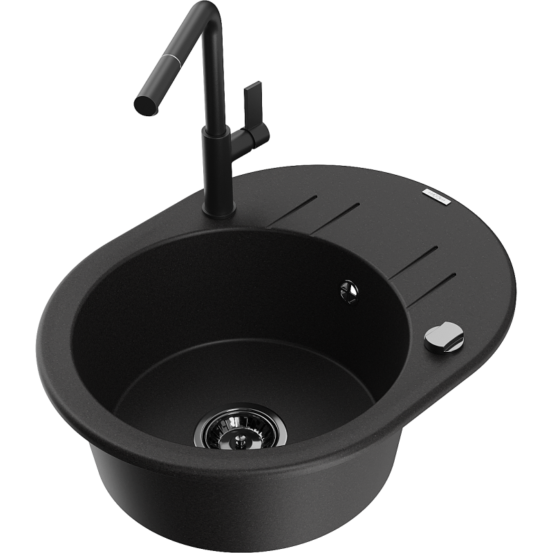 Mexen Kevin fregadero de granito de 1 compartimento con escurridor y grifo de cocina Flora, negro - 6517-77-670401-70-B