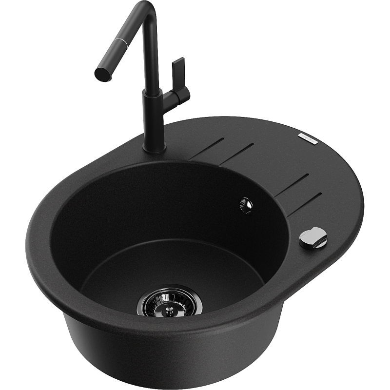 Mexen Kevin lava-louça de granito 1-cuba com escorredor e torneira de cozinha Flora, preto - 6517-77-670401-70-B