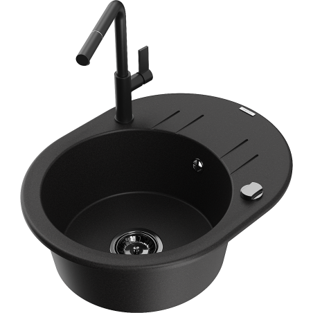 Mexen Kevin 1-bowl granite sink with drainer and Flora kitchen tap, black - 6517-77-670401-70-B